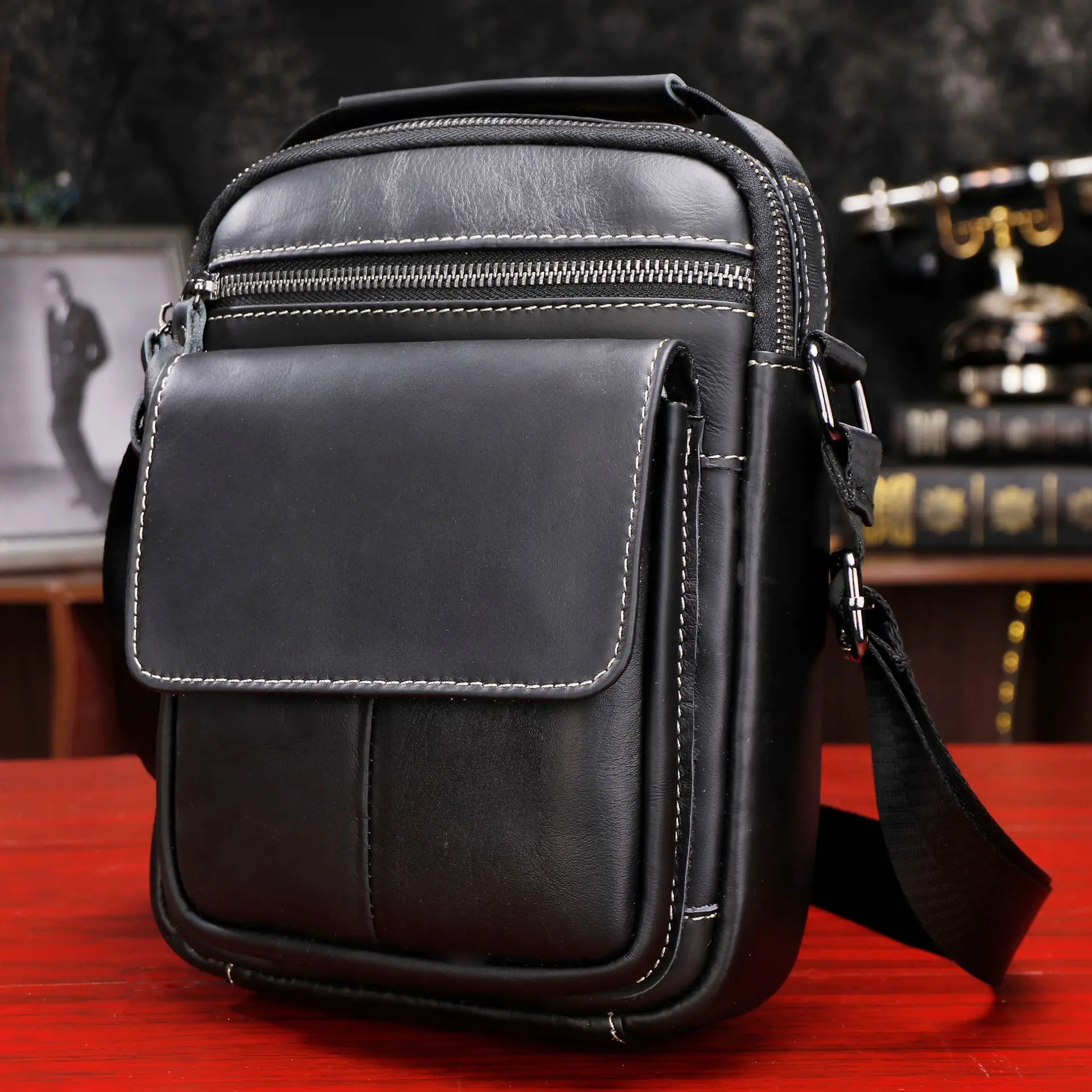 

Men's Full-Grain Cowhide Crossbody Bag - Vintage Compact Sling for EDC, Lightweight Outdoor Shoulder Bag with Phone Pocket