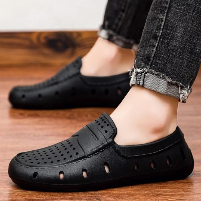 

Мужские повседневные сандалии-слипоны с перфорированной вентиляцией, однотонные, быстросохнущие, нескользящие, на плоской подошве