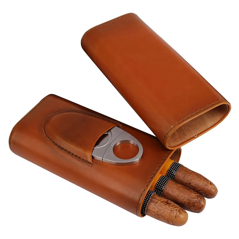 FOCUS-Three-Finger Portable Cigar Humidor, Leather Case with Silver Cigar Cutter, Brown and Black, Two Choices Cowhide Material