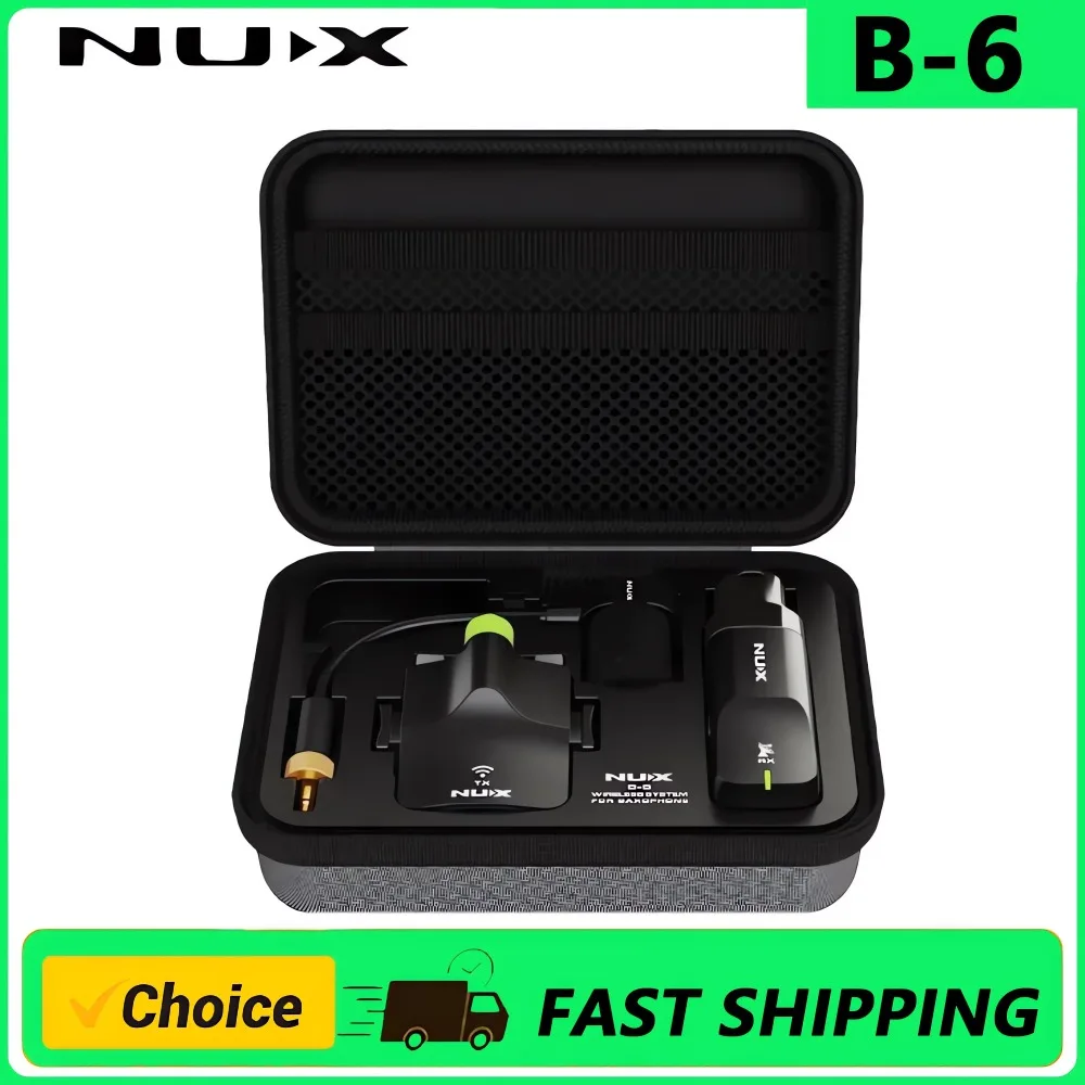 نظام NUX B-6 الساكسفون اللاسلكي مع علبة شحن، نطاق التشغيل 20 مترًا، صوت عالي الدقة 24 بت/44.1 كيلو هرتز، 2.4 جيجا هرتز