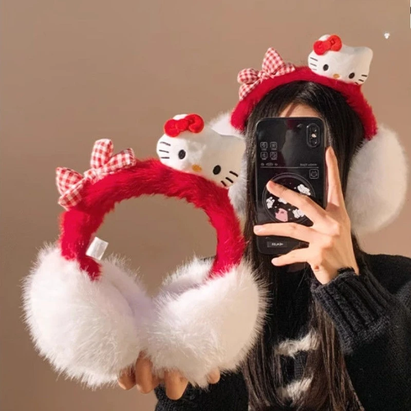 

Kawaii Hello Kitty Sanrio Children Lovely Cartoon Fluffy Warm Earmuffs Windproof Frostproof Ear Warm Birthday Gift for Kids