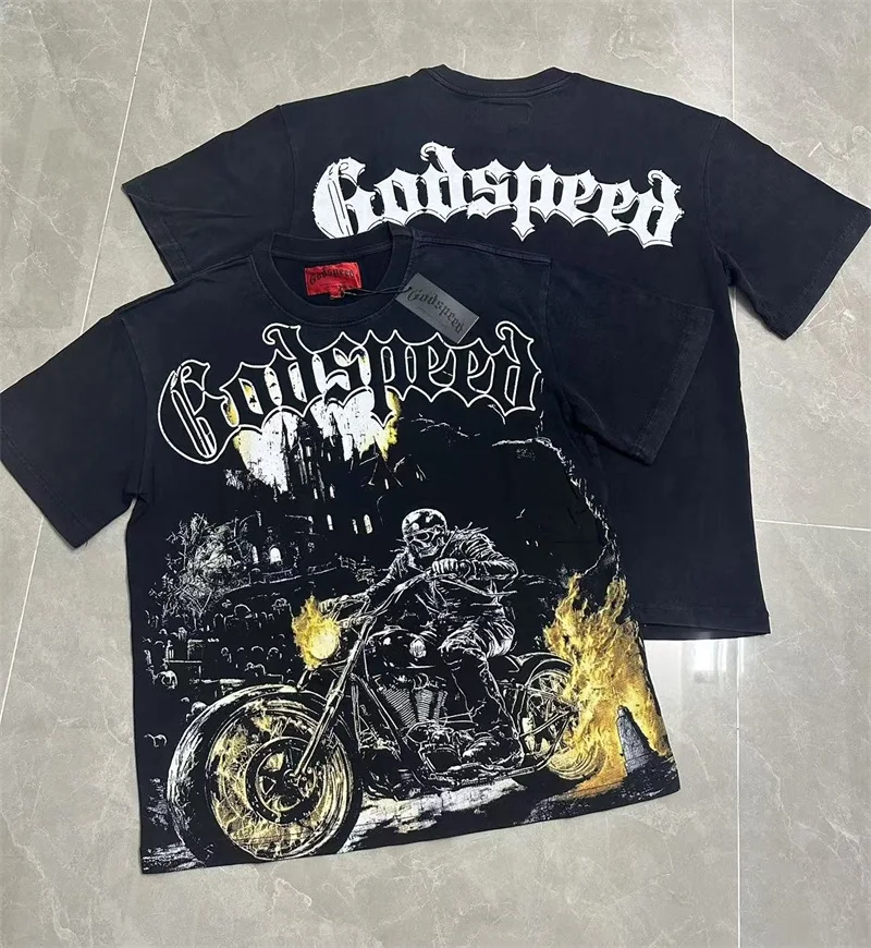 

Skull Print God Speed Tshirts Men Women 1:1 Best Quality American High Street Black Wash Short Sleeve