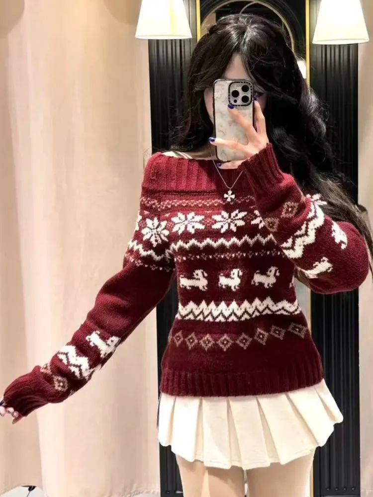 

Geometric Jacquard Sweater Women Sexy Slash Neck Cotton Long Sleeve Slim Pullover Top Retro Sweet Cute Knit Sweater Y2k Jumpers