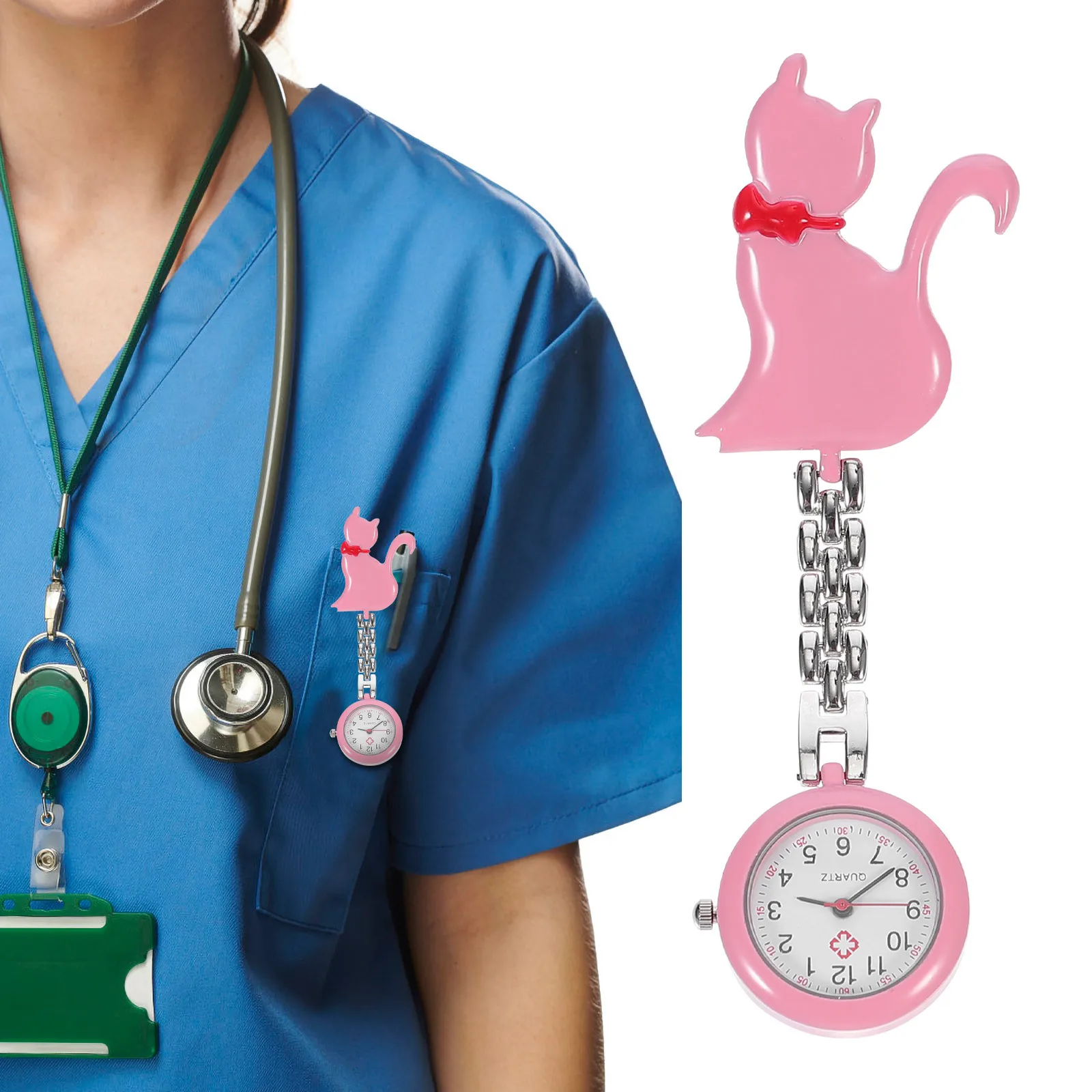 1 pc Kitten Quartz Pocket Lightweight Nurse Hanging Watch With Safety Clip Clip-On Portable Watch For Doctors Nurses