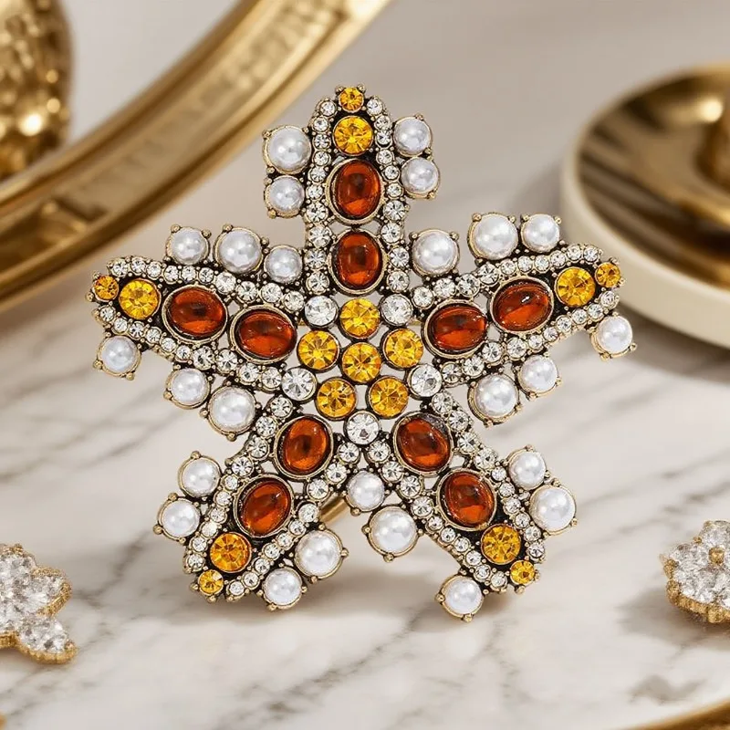 Heavy Duty Exaggerated Starfish Brooch Light Luxury Retro Pearl Five - Pointed Star High End Corsage Shawl Scarf Pin Jewelry