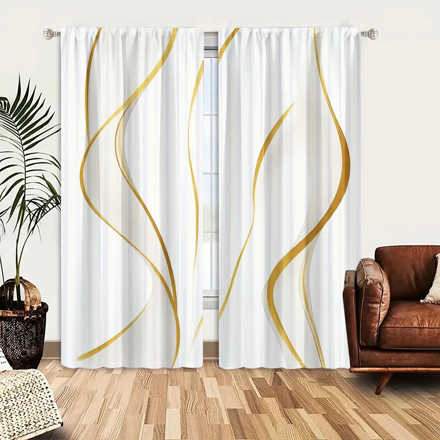 

2Pcs Curtain Modern Elegant golden lines Pattern Window Drapes for Bedroom Living Room Decoration Window Treatment.