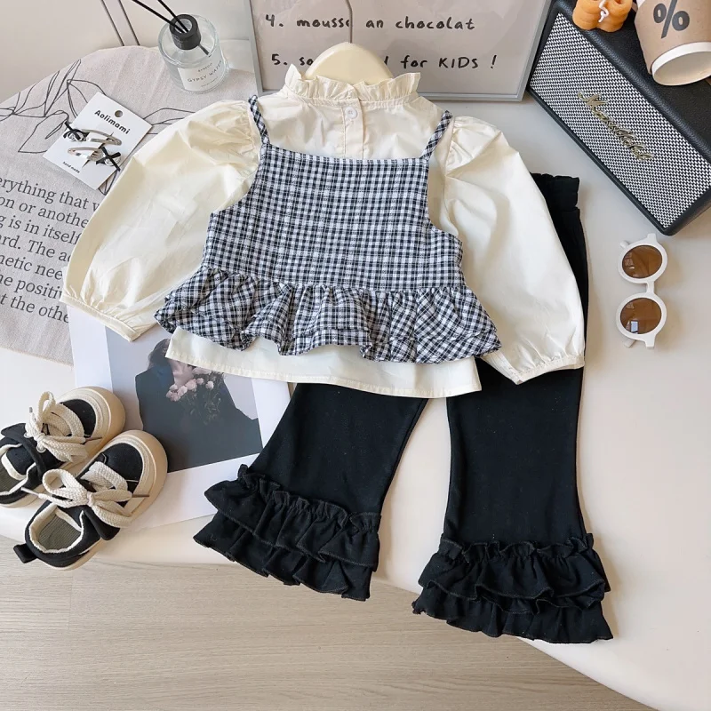 

Весна и осень для девочек, новый стиль, модная клетчатая рубашка для маленьких девочек, расклешенные брюки, рубашка, комплект из трех предметов