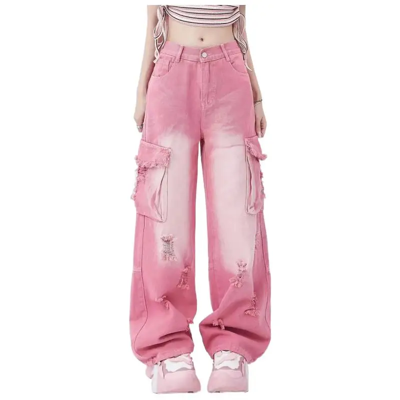 

Y2k Harajuku Wide Leg High Waist Pockest Pink Jeans Pants 2023 Spring Summer Women's Vintage Ripped Street Denim Trouser