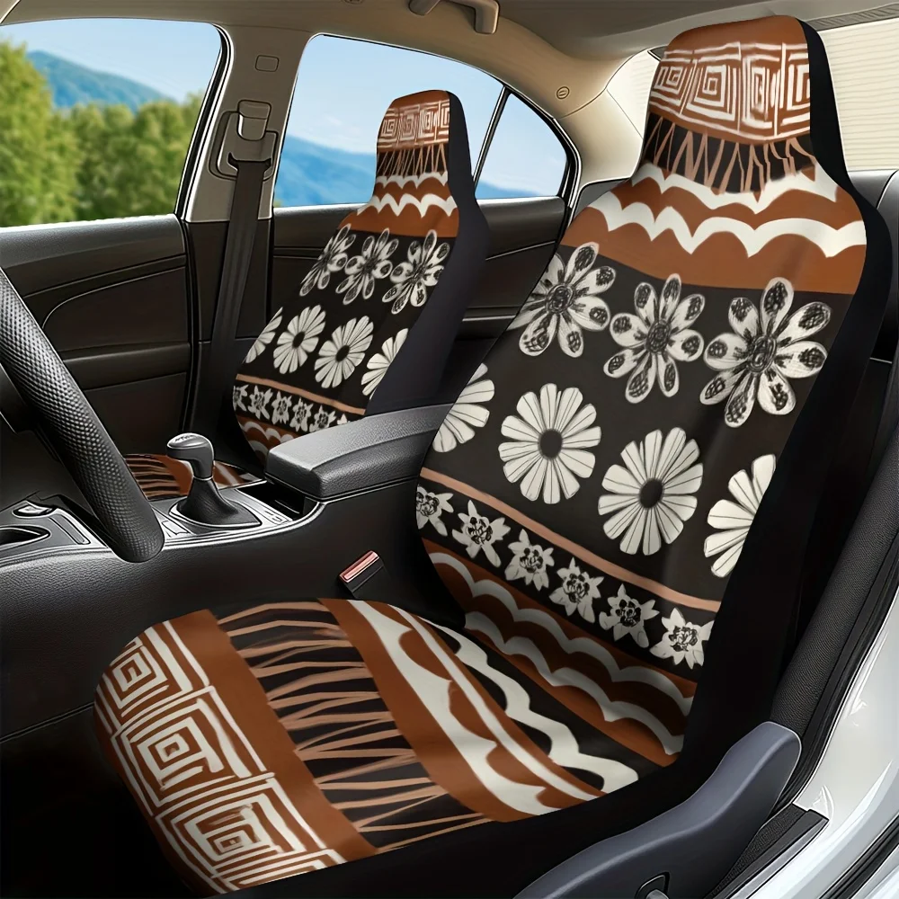 

2pcs Fijian Masi Tara African Pattern Car Seat Covers - Stylish Brown & Floral Design, Durable Washable Fabric, Fit For All Vehi