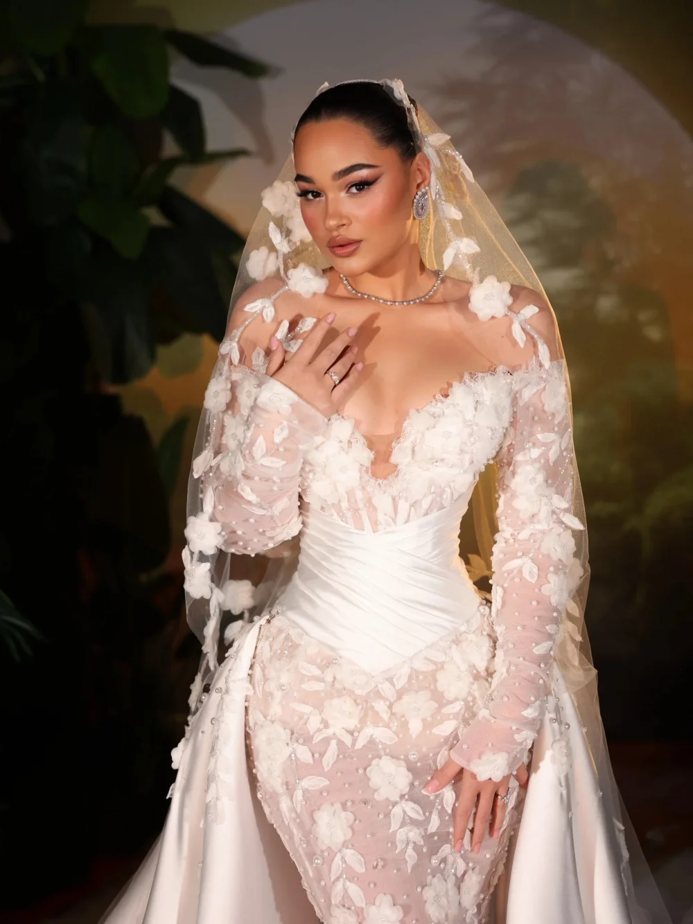 Satin Detachable Train Wedding Dress Shinny Pearls 3D Floral Bridal Gown Customzied Off Shoulder Mermaid Dresses For Bride