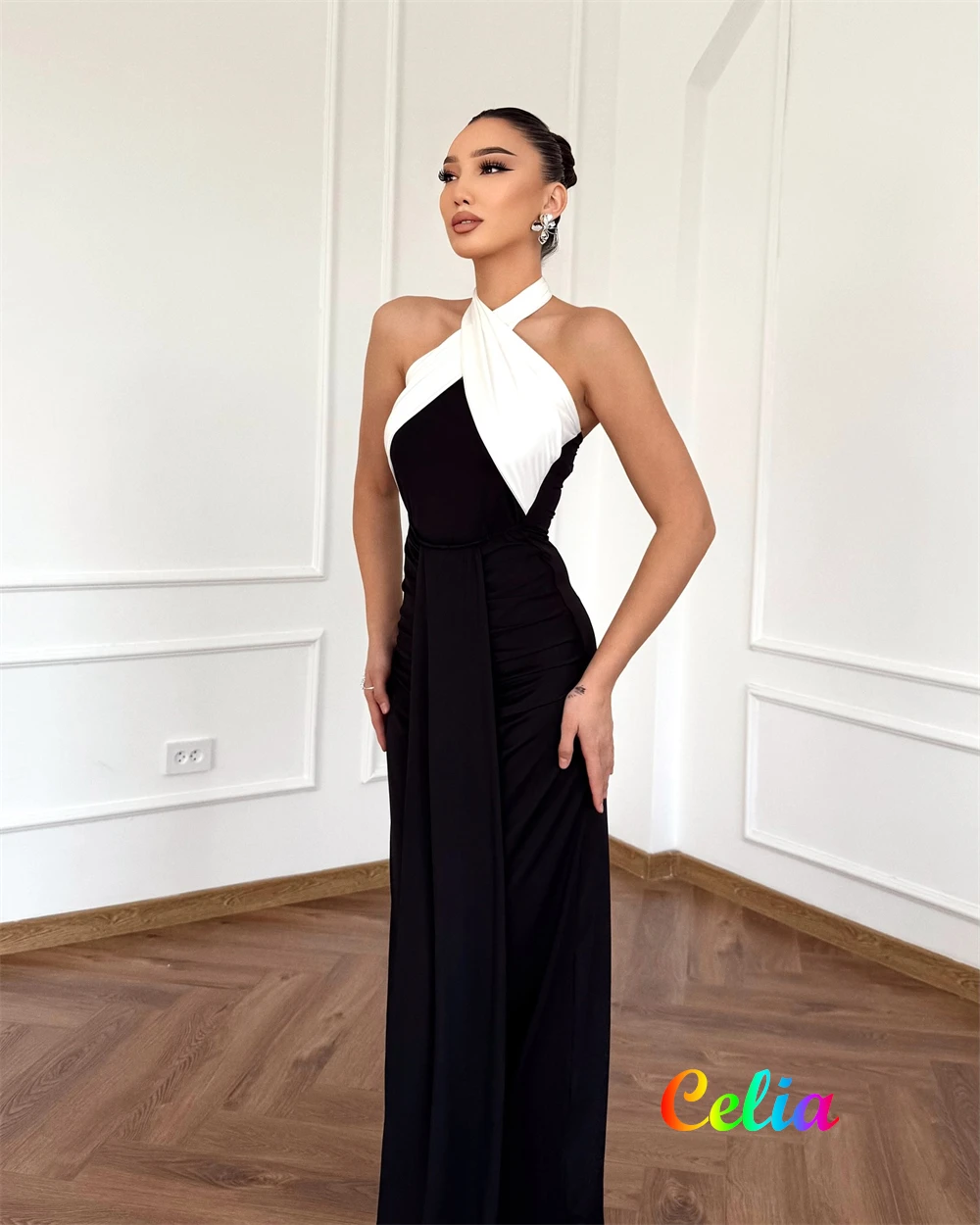 Abito da sera elegante in jersey nero a sirena personalizzato Abiti da cerimonia senza maniche con scollo all'americana formale Vestido De Fe di lusso