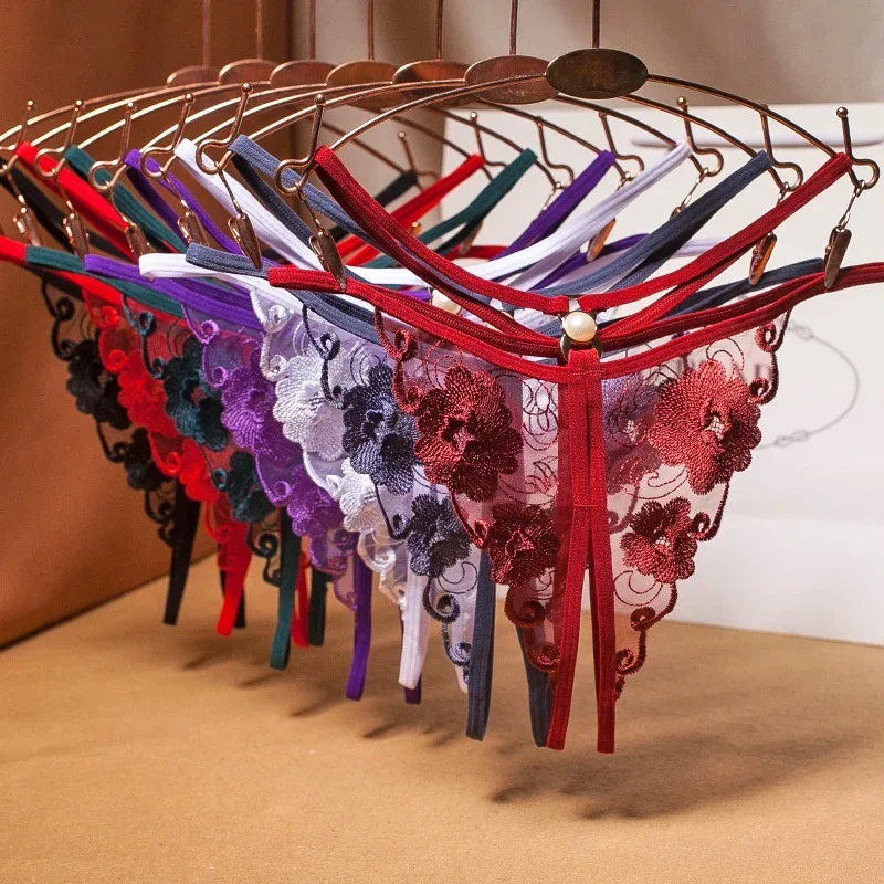 

Sexy Panties Women's Sexy Flower Embroidery Hollow Transparent Mesh Thong Open Crotch No Take-Off Temptation crotchless G-srting