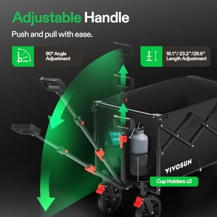 Wagon pliable avec hayon, capacité de 320lb, utilitaire d'extérieur avec roues tout-Terrain, porte-gobelets à poignée réglable pour le camping