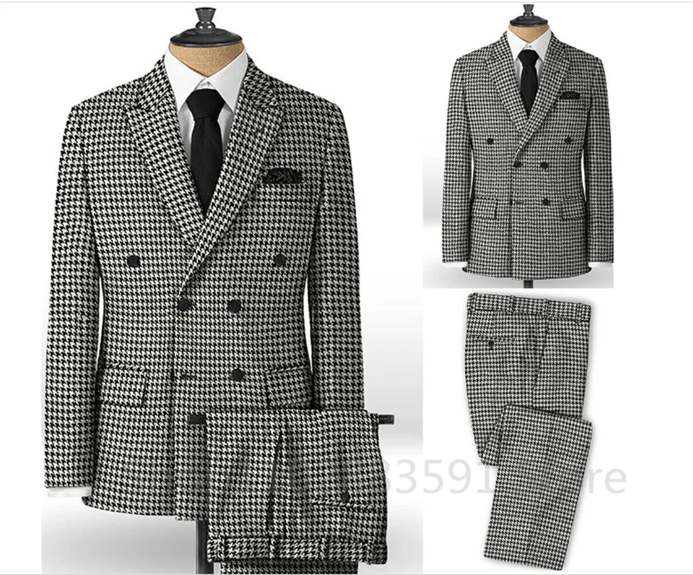 Plaid Men Suits for Wedding/Business Slim Fit 2 Piece Houndstooth Checkered Groom Tuxedos Male Fashion Clothes Jacket with Pants