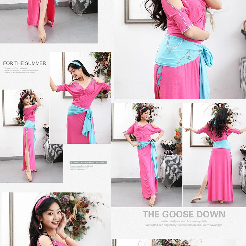 زي الرقص الشرقي للنساء ، بدلة تدريب ، ملابس تدريب ، وشاح رأس ، حزام وتنورة ، أداء مسرحي للكبار ، 3 طقم