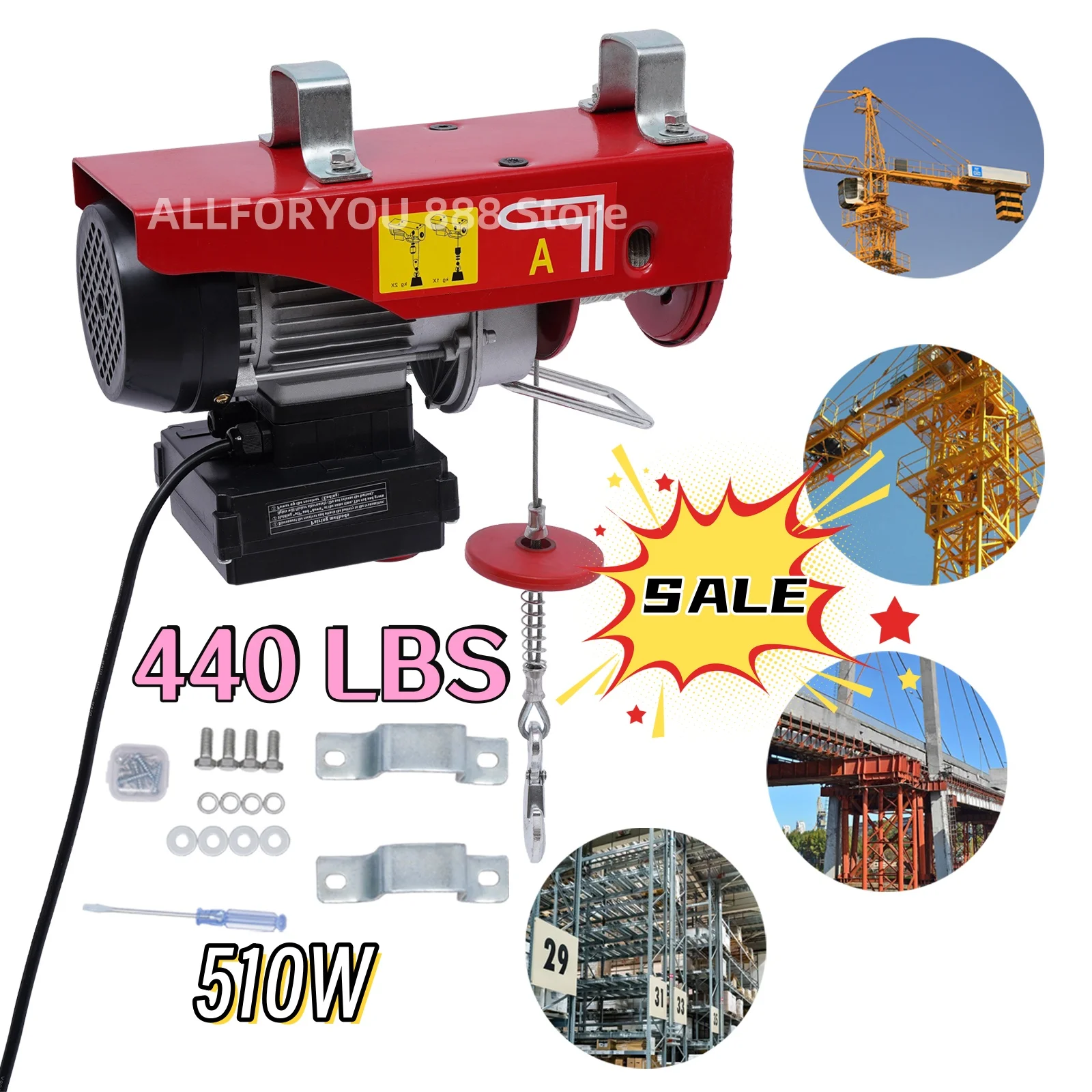 510W Electric Hoist 440 LBS Electric Winch Crane Tool With Wireless Remote Control Machine And US/EU Plug