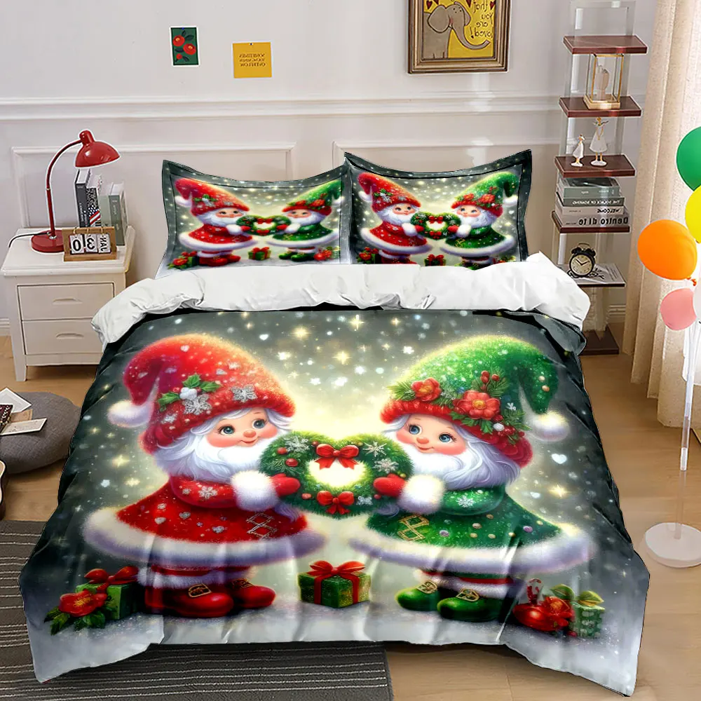 Christmas elves holding a heart-shaped wreath together. Print Duvet Cover Bedding Set Included 1*Duvet Cover 2*Pillowcases