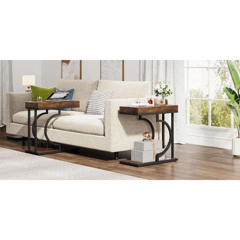 C Shaped End Table Set of 2 with Metal Frame, Small Sofa Side Table for Living Room Small Spaces, Brown, Customized