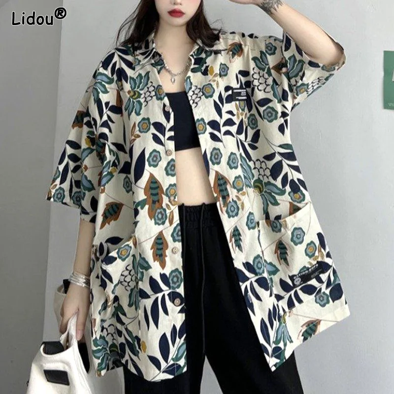 

Turn-down Collar Blouses Spring Summer Thin Handsome Button Printing Loose Long Streetwear Fashion Casual Women's Clothing 2023