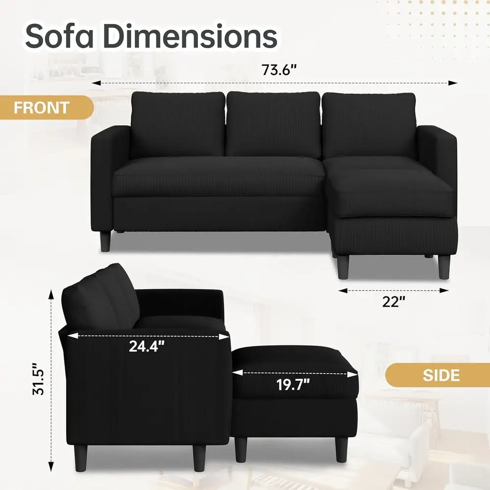 

Couches for Living Room, 3Seat Reversible Sectional Sofa with Convertible Ottoman, Modern Ribbed Fabric LShaped Couch for Small