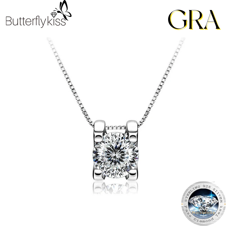 Butterflykiss Real 1ct/2ct Moissanite Pendant Necklace For Women Top Quality 925 Sterling Silver Wedding Party Fine Jewelry