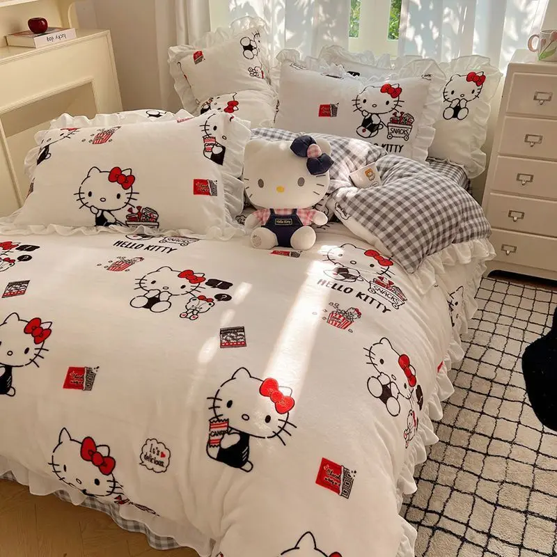 Sanrio Hello Kitty Kuromi cartoon cute warm plus velvet lace four-piece set creative student children's bed sheet quilt cover