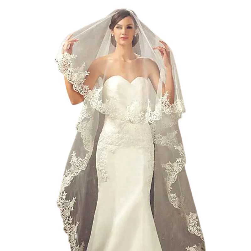 Lace Appliques 3 Meters Cathedral Wedding Veils without Comb Long White Ivory Appliques Bride Headpieces