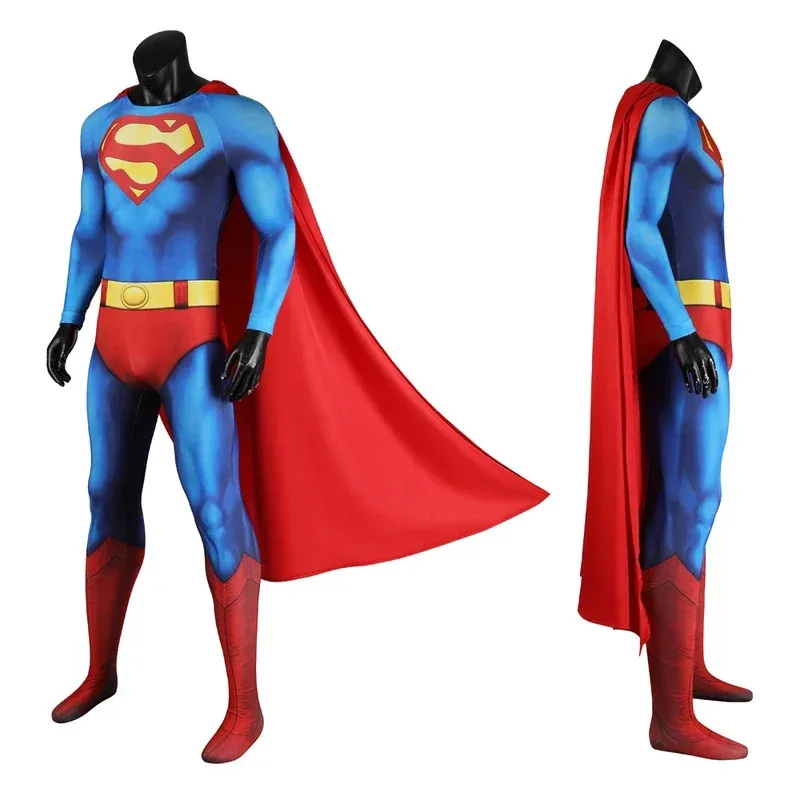 

1978 High Quality Halloween Man Zentai Suit Disguise Super Cosplay Costume Hero Bodysuit with Red Cloak 3D Printed Kent Outfit