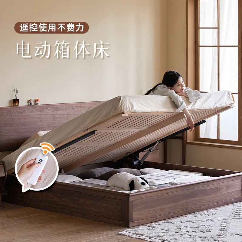Nordic solid wood box bed Japanese-style small apartment black walnut electric high box storage bed 1.8 meters