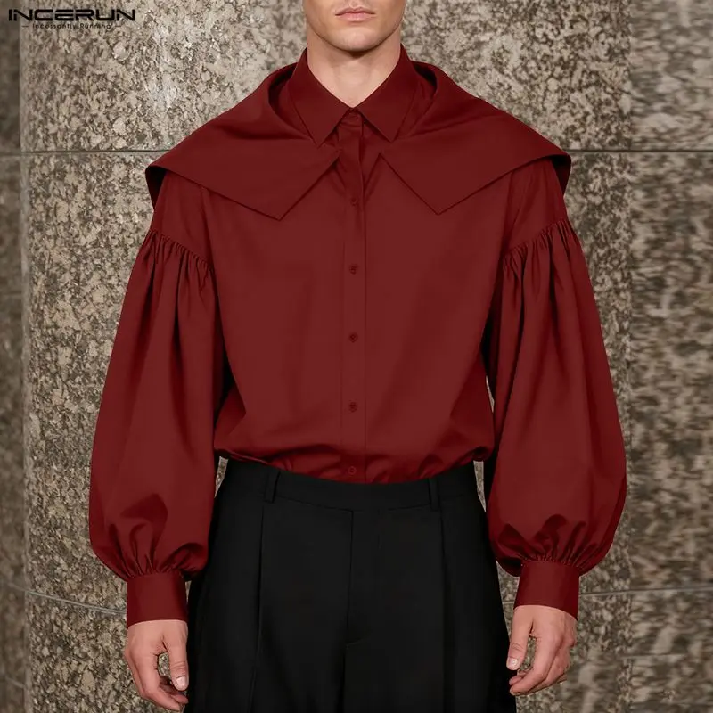 INCERUN 남성 셔츠 솔리드 컬러 라펠 긴 소매 버튼 캐주얼 남성 의류 루즈 스트리트웨어 패션 불규칙 셔츠 남성 상의