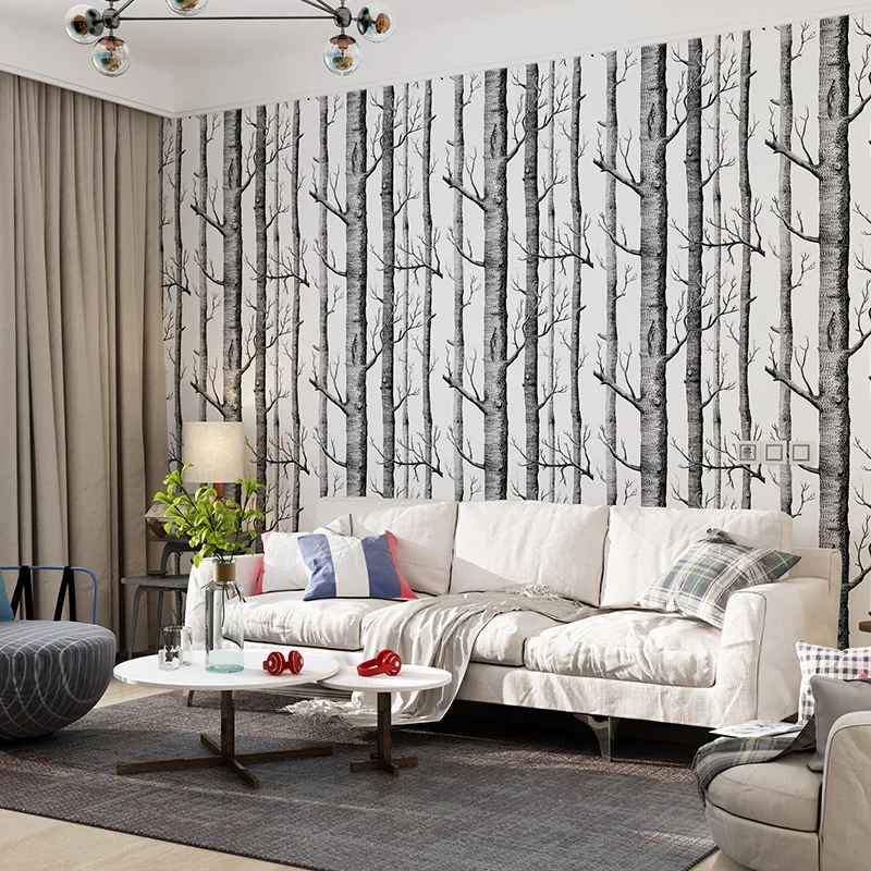 Black White Rustic Wallpaper Birch Tree Forest Wood Grain Wallpaper Non-woven Fabric Wall Stickers Branch Contact Paper Vintage