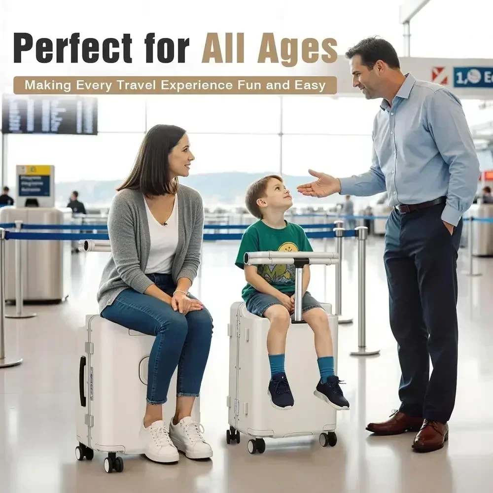 Adjustable Safety Seat Ride-On Toy, 20 Lightweight Suitcase with 360° Wheels, Cup & Tablet Holder, TSA Lock, Supports Up to 200l