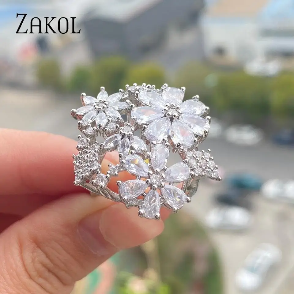 ZAKOL Luxury Multi Flower Cluster Cubic Zirconia Open Ring For Women Sparkling Bridal Wedding Engagement Party Jewelry Gift