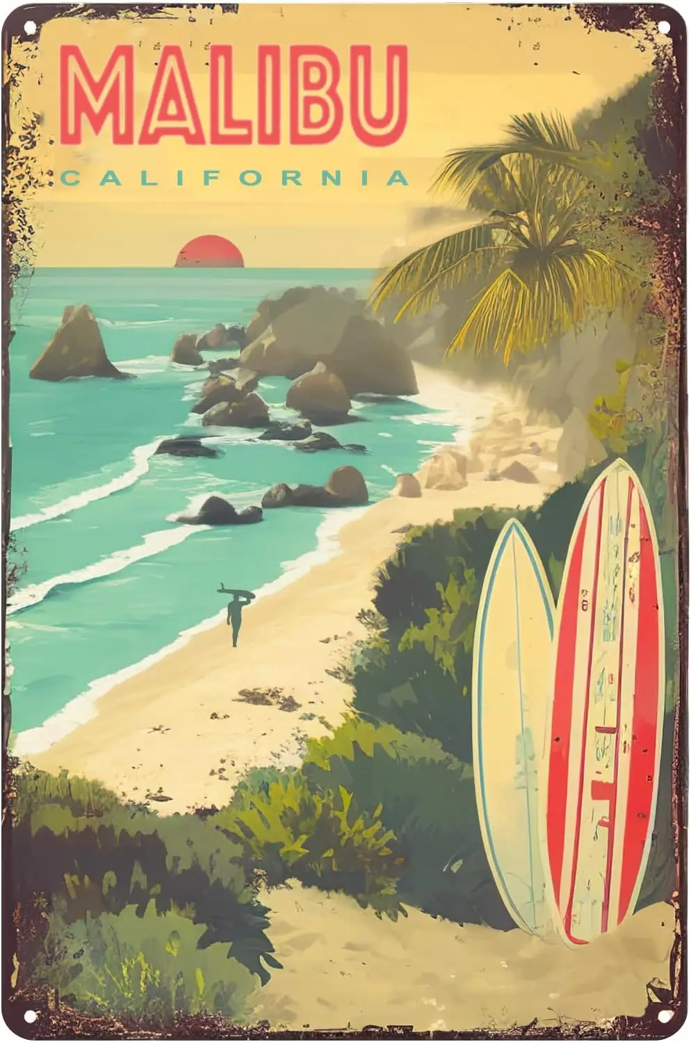 Vintage Metal Signs Malibu California Travel Tin Sign Beach Surfboard Surfing Poster Wall Art Decor Plaque for Home Bar Pub Club