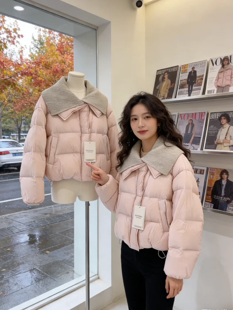 

Thiened Pink ort Cotton Jaet Warm Winter Outerwear Korean Sle Small Size Commute Loose Fit Long Sve Zipper Pure Color