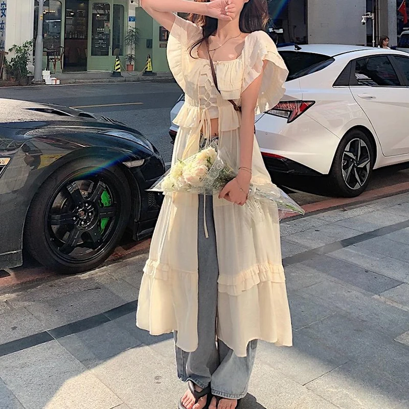 Bandage Women Midi Dress Korean Elegant Ruffles Summer Short Sleeve Beach Long Dress Sexy Ladies Vestidos