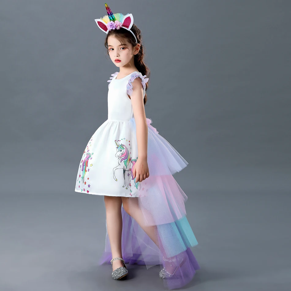 Kids Long Tail Unicorn Dress Layered Mesh Girls Birthday Party Dress Princess Carnival Costume Hairband Pastel Rainbow Gowns