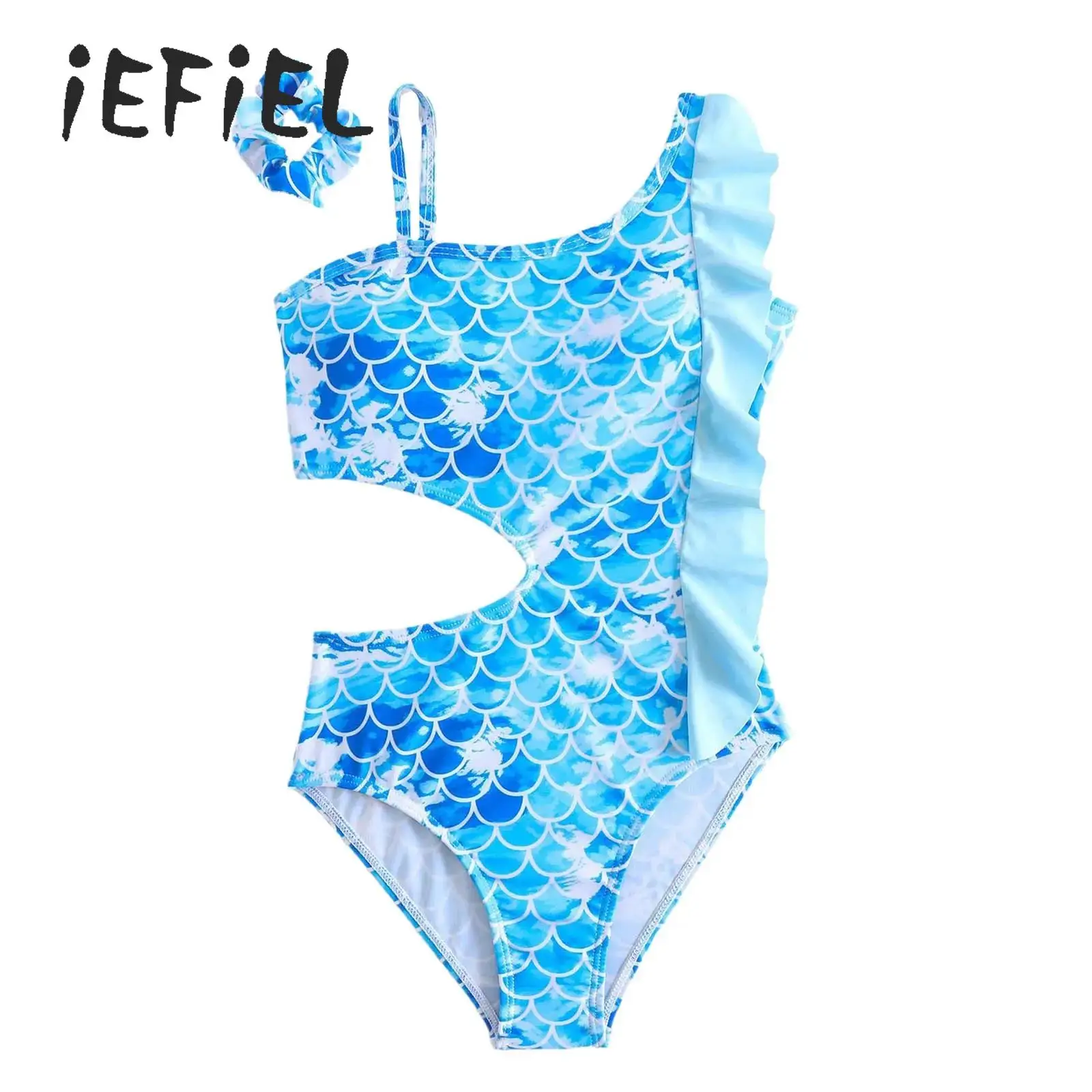

Girls One Piece Mermaid Print Swimsuit Fish Scales Bathing Suit Adjustable Strap Sleeveless Waist Cut Chest Pad Swimwear Hairtie