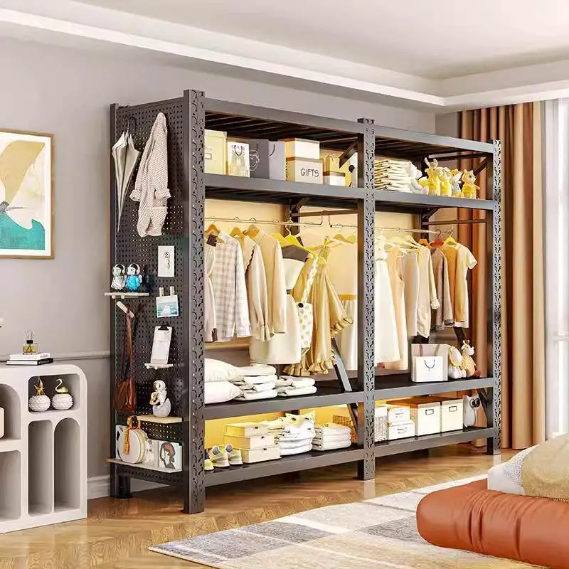 open-style-bedroom-closet-rack-bicycle-cart-cover-home-shelf-steel-angle-bracket-free-standing-hole-board-wardrobe-organizer