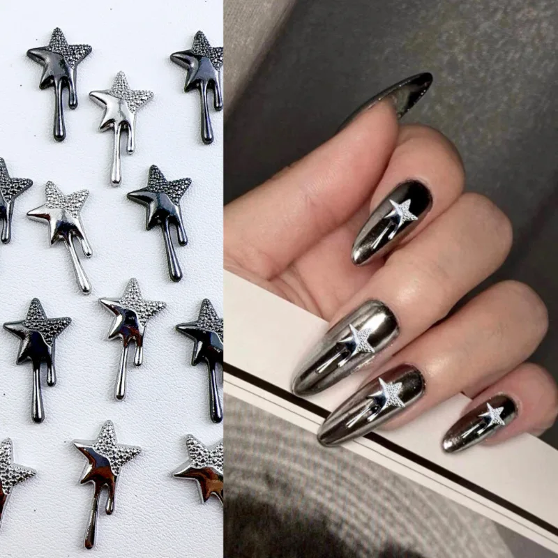 10PCS Metal Alloy Nail Art Charms Gothic Punk Silver Star Nail Art Decorations Accessories for Acrylic Nails Supplies