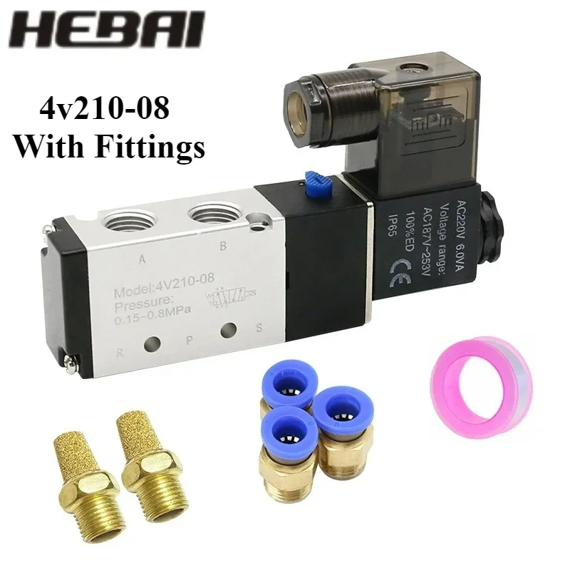 

HEBAI Pneumatic Solenoid Valve with fittings 5 Way 2 Position Control Air Gas Magnetic 4V210-08 12V 24V 110V 220V Coil Volt