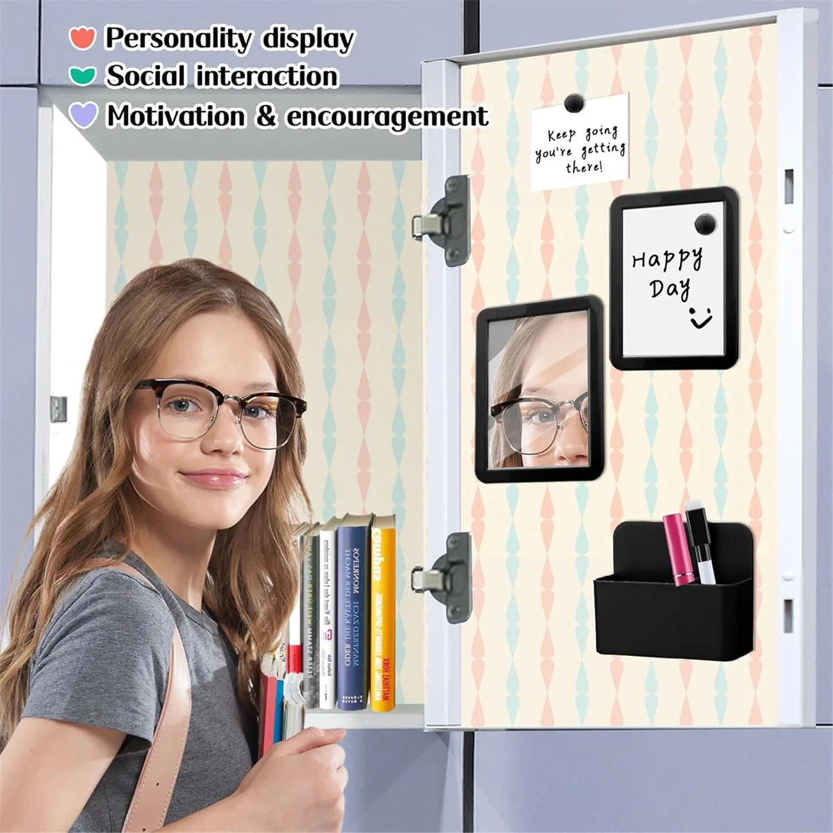 Locker Accessory Kit-Girl Back to School Supplie,Magnetic Whiteboard Mirror Dry Erase Marker Holder and School Supplie,A