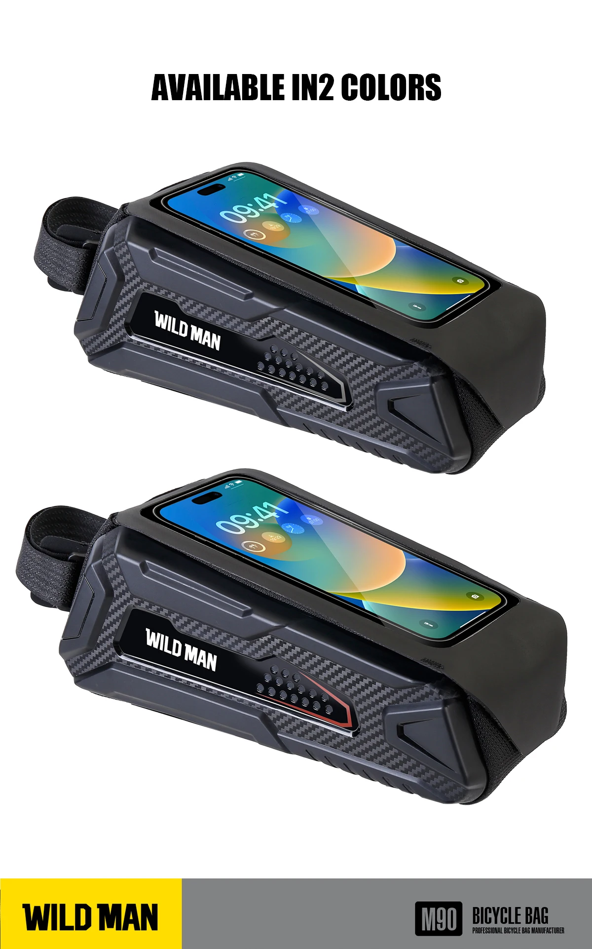 WILD MAN M90 Bicycle Top Tube Phone Bag EVA Hard Shell Touchscreen Window Double Zipper Cooling Holes Storage Mounting Straps