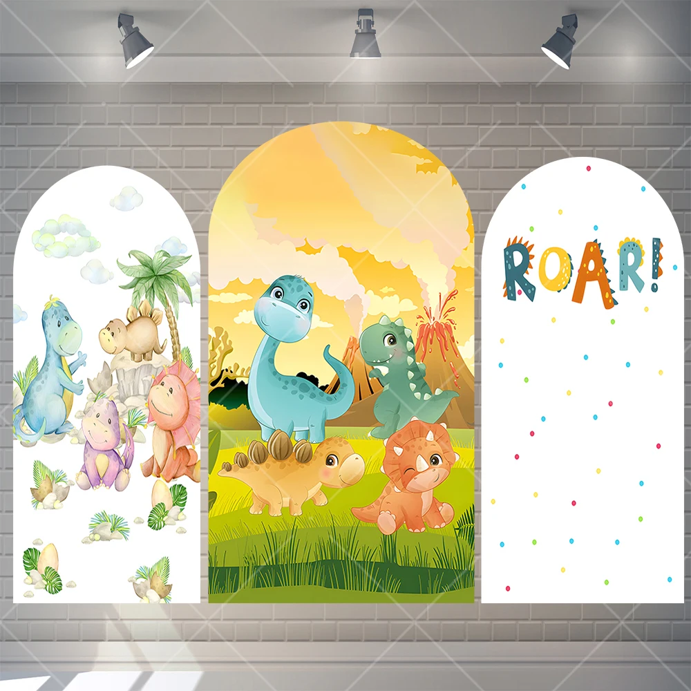 Cartoon Dinosaur Background Arched Custom Kids Happy Birthday Decoration Background Baby Family Party Photography Backdrop Props