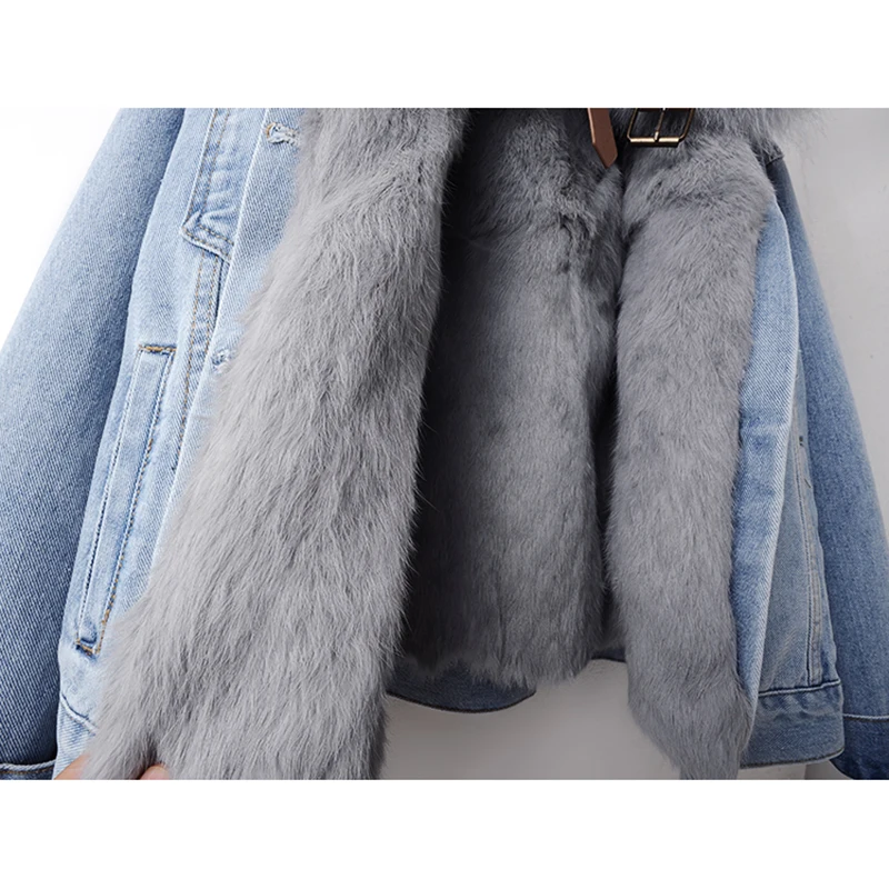 Winter Thick Real Fox Fur Collar Rabbit Fur Liner Denim Jacket Women Outerwear Vintage Blue Big Pocket Loose Jeans Jacket Female