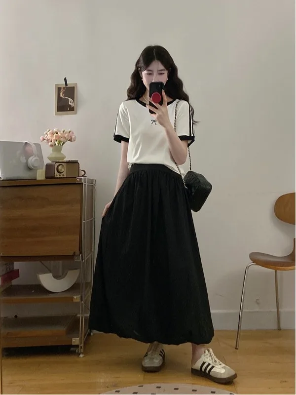 

plus Size Casual Two-Piece Set Summer New Lazy Style Color Block Short Sleeve Top High Waist Midi Skirt Fashionable Ensemble