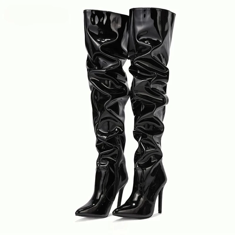 

High Quality Patent Leather Knee High Boots Women Sexy Pointed Toe Thin High Heels for Ladies Side Zip Pleated Designer Boots