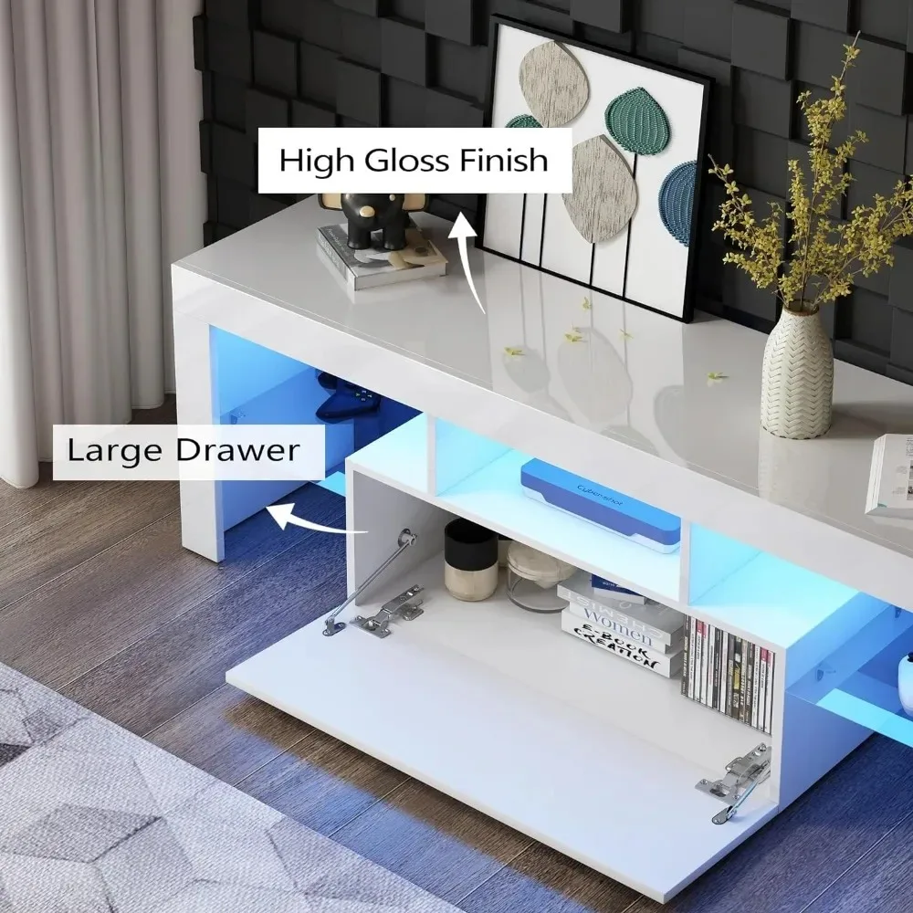 Modern White TV Stand for 32/40/50/55+ Inch TV, Entertainment Center TV Console, 16 Color LED Light Wood TV Table Stand