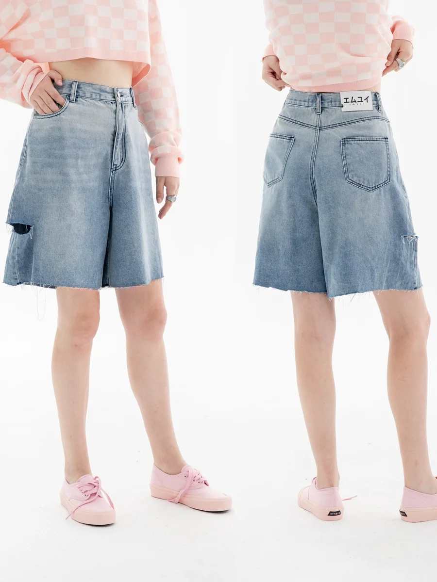 

IMYUI Ultra-Thin Comfortable Simple Basic A-Line Waed Summer Hole-Like Slimming Loose Jeans orts Women's Summer Faion