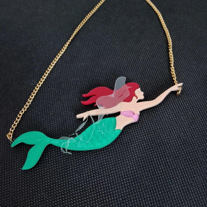 KUGUYS Mermaid Big Pendant Necklaces Fashion Acrylic Women Jewelry Trendy Blue Green Gold Color Fairy Accessories